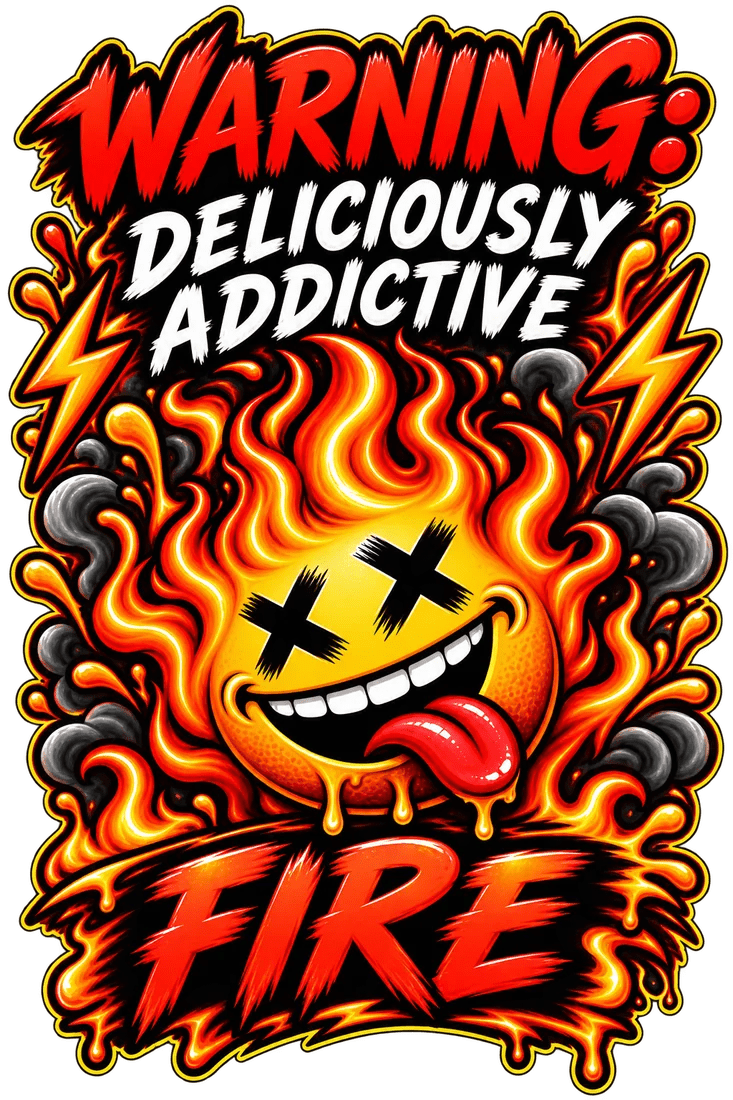 Warning: Deliciously Addictive design featuring the fire mascot